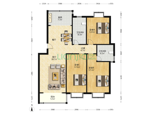鑫港花园北区 3室1厅2卫 135平方