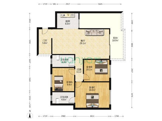 瀚城绿洲 3室1厅2卫 104平方