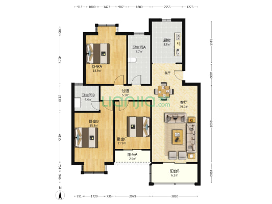 金海花苑 3室1厅2卫 125平方