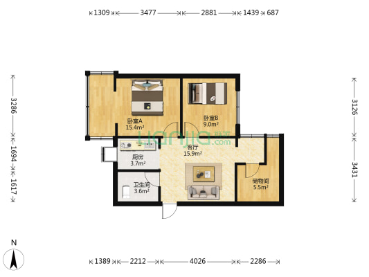 水电十四局宿舍 2室1厅1卫 64平方