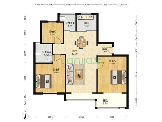 澜庭花苑 3室1厅2卫 124平方