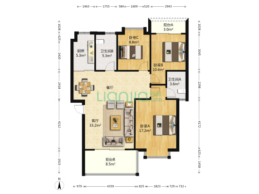 金色家园 3室1厅2卫 104平方