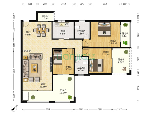 锦园 3室2厅2卫 137平方
