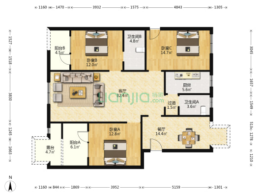 盘古艺城西区 3室2厅2卫 117平方