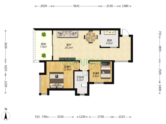 倚能美林湾南区 2室1厅1卫 74平方