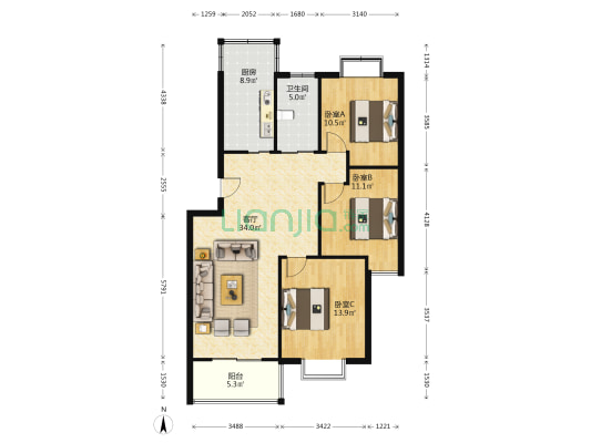 商茂新园 3室1厅1卫 105平方