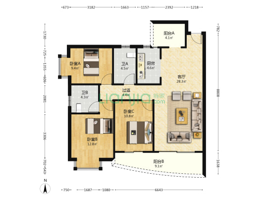 上河坊润府 3室1厅2卫 110平方