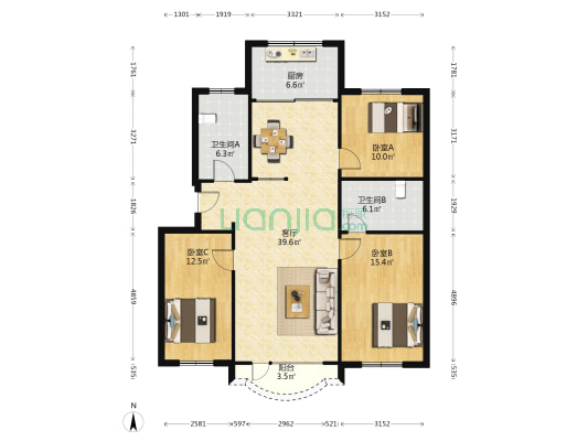 水仙花园一区 3室1厅2卫 126平方