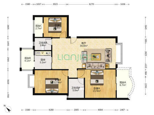 星光大道D区 3室1厅2卫 114平方