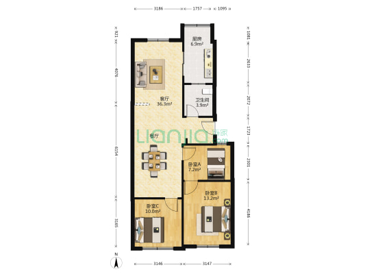药械厂宿舍（新江岸三村） 3室1厅1卫 93平方