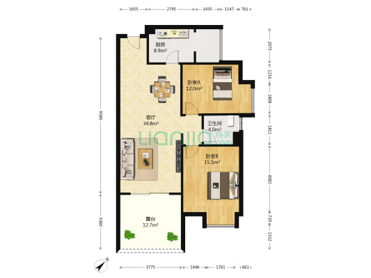保利公园198百合郡 2室1厅1卫 90平方