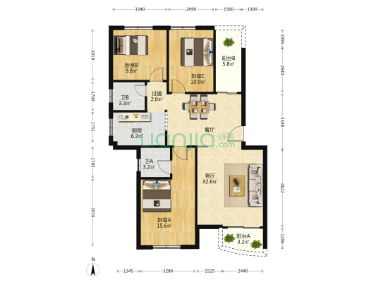 丽景花园二期（东凤镇） 3室1厅2卫 122平方