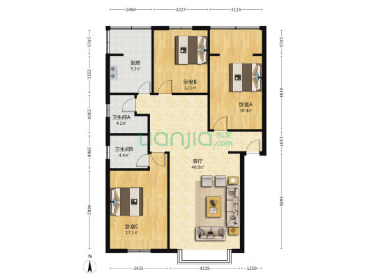 天泰苑 3室1厅2卫 124平方