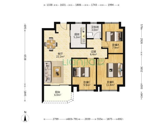 海颂街区 3室1厅1卫 96平方