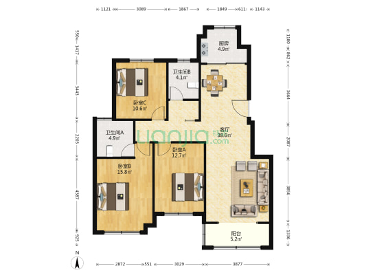 东方御景 3室1厅2卫 120平方