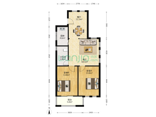 金地家园华庭 2室2厅1卫 89平方