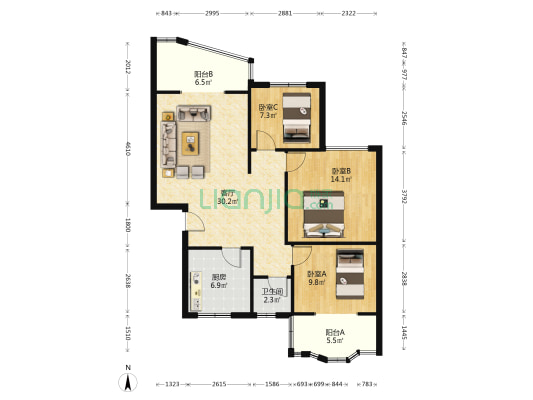 南博湾 3室1厅1卫 103平方
