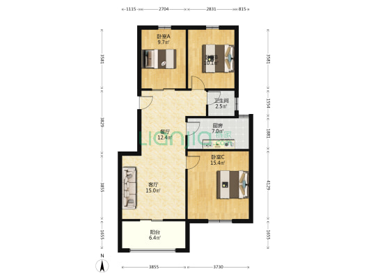 开元新城二期 3室2厅1卫 100平方