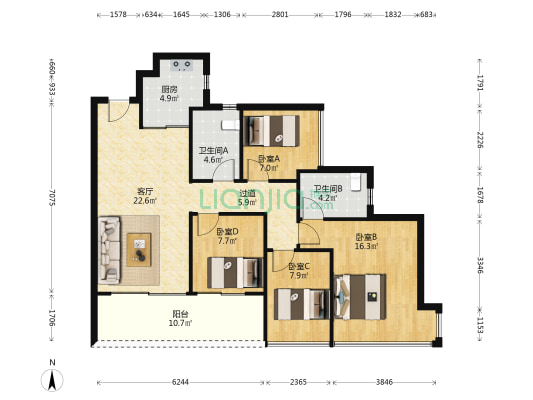 越秀和樾府二期 4室1厅2卫 105平方