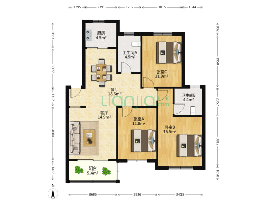 振华小区 3室2厅2卫 109平方