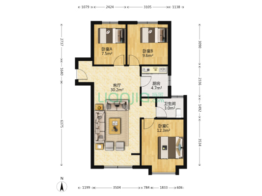 距离北京1900米，鸿坤理想尔湾南北通透三出售-户型图