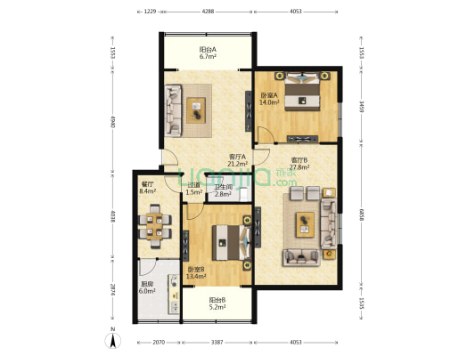 李鑫佳苑 2室3厅1卫 136平方
