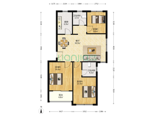新都花园 3室1厅2卫 110平方