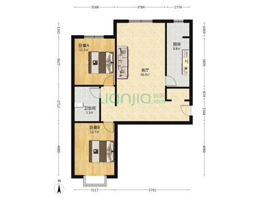 北京理想城 南北大两居 中间楼层 室内带一个储物间-户型图