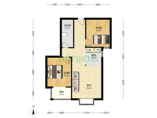 联合七号院 2室1厅 南-户型图