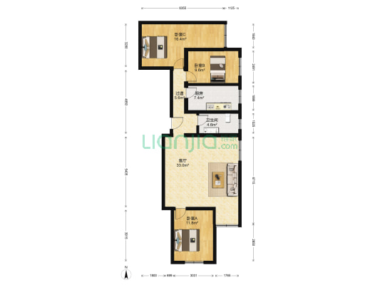 六里桥3号院 3室1厅1卫 113平方