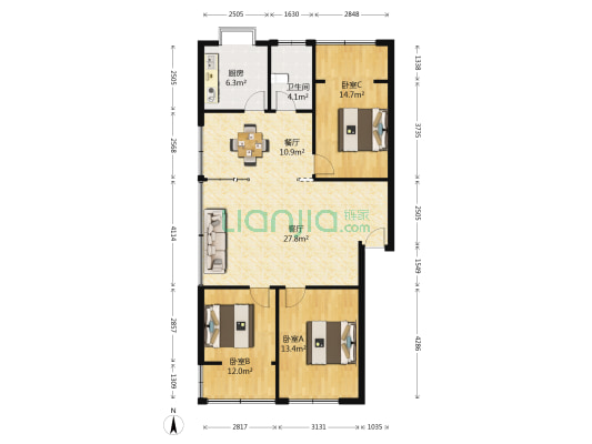 福地小区 3室2厅1卫 103平方