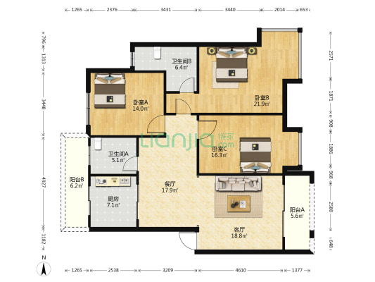 幸福苑(武昌西路) 3室2厅2卫 130平方