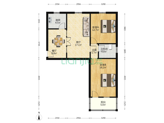 朝阳小区 2室2厅1卫 80平方