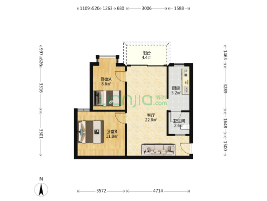 康和公寓 2室1厅1卫 65平方