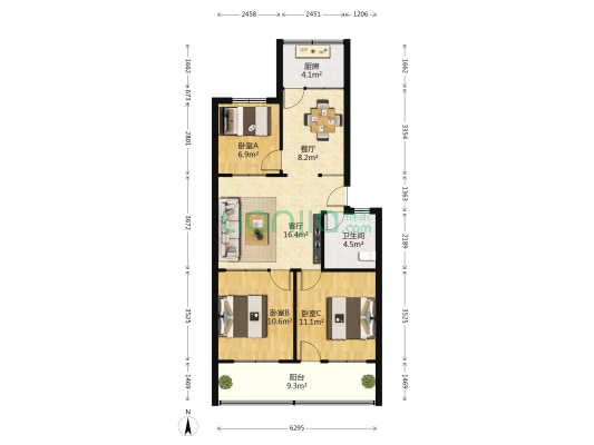 外运宿舍 3室2厅1卫 82平方