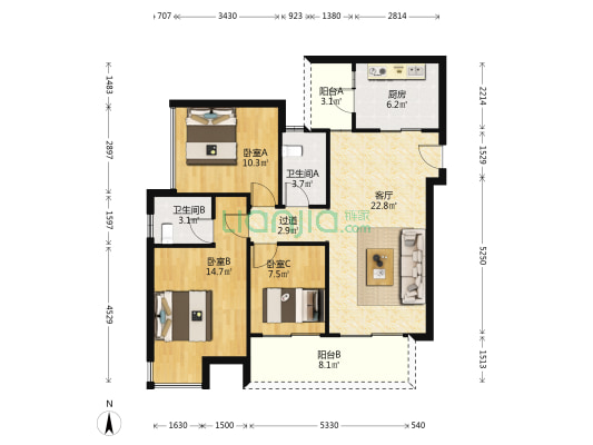 时代云著 3室1厅2卫 119平方