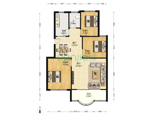 德政园润心苑 3室2厅1卫 108平方