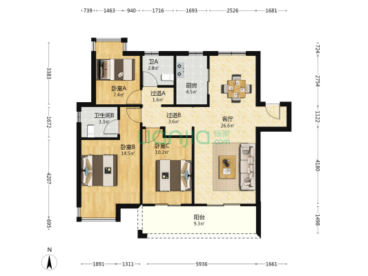 新旅明樾府 3室1厅2卫 110平方