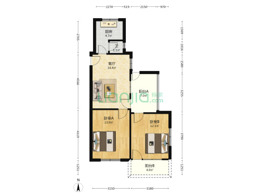 省海洋渔业公司宿舍 2室1厅1卫 59平方