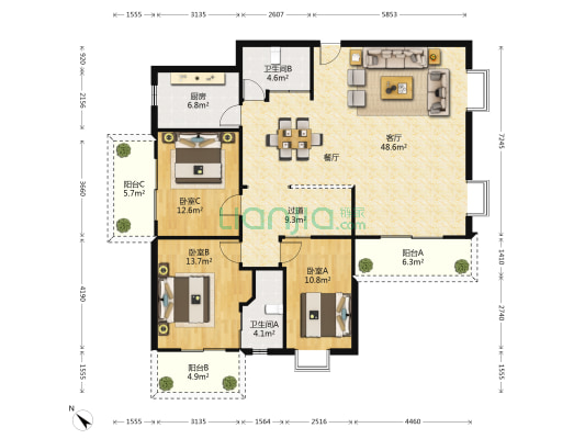 嘉盛海景 3室1厅2卫 163平方