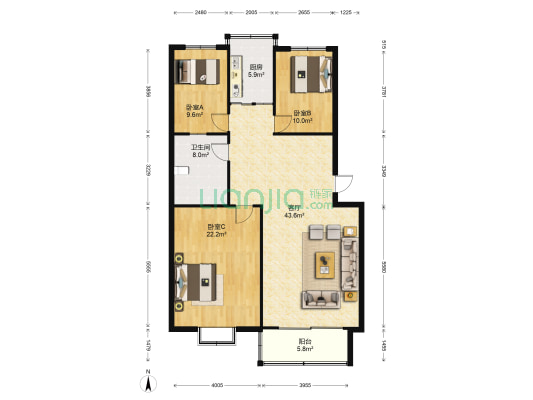 万达小区 3室1厅1卫 126平方