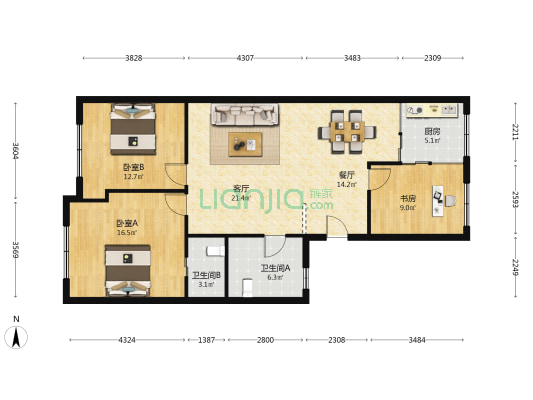 润丰步行街 3室2厅2卫 113平方