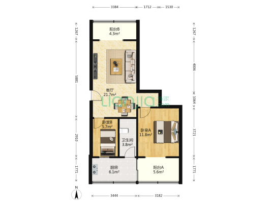 建设南新路61号 2室1厅1卫 56平方