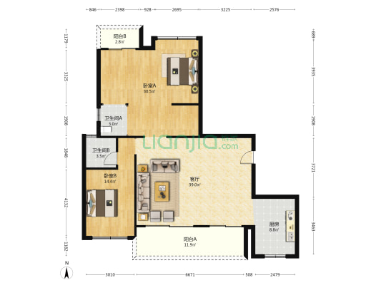 彰泰·春天里 2室1厅2卫 145平方