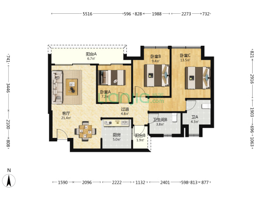 越秀悦映湖山悦玺 3室1厅2卫 89平方
