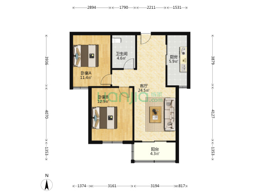 明湖盛景A区 2室1厅1卫 93平方