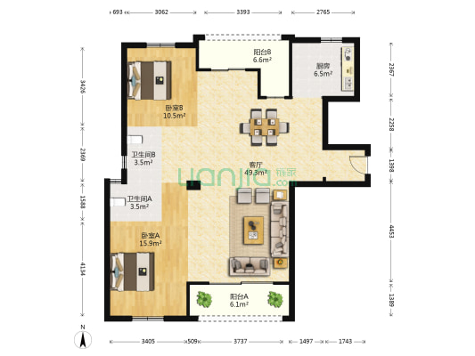 康盛阳光城二期 2室1厅2卫 123平方