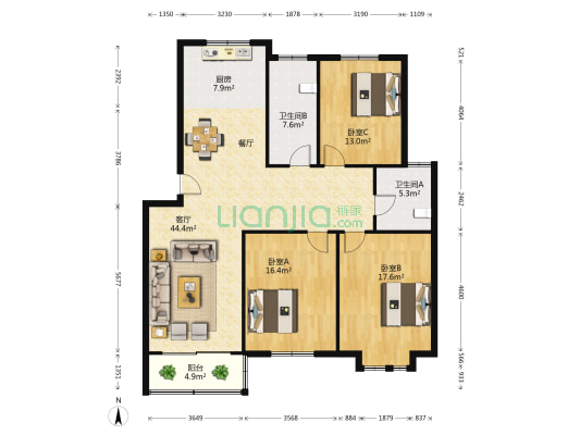 美丽新城 3室1厅2卫 139平方
