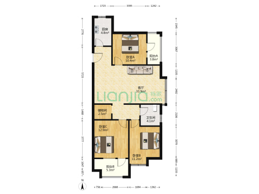 唐人中心A区 3室1厅1卫 117平方