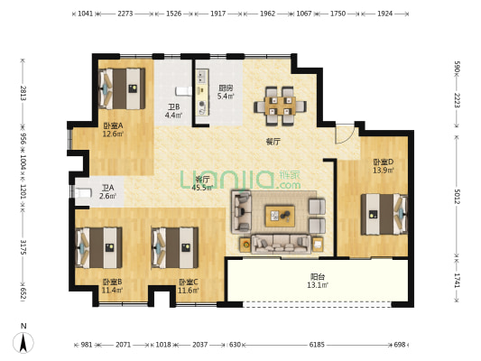 国贸榕上 4室1厅2卫 143平方